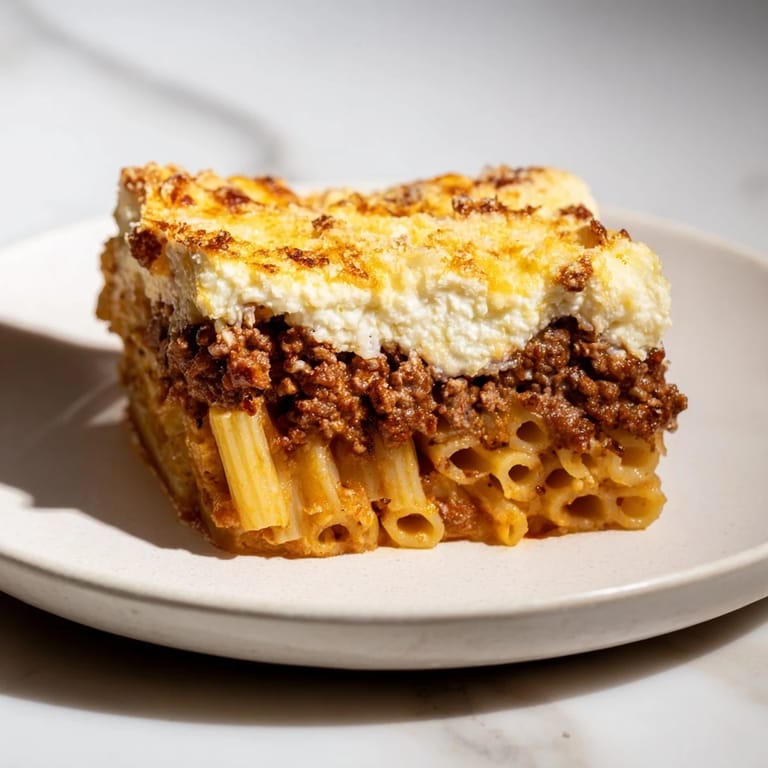 A generous slice of flavorful Pastitsio, depicting layers of pasta, meat sauce, and baked béchamel.