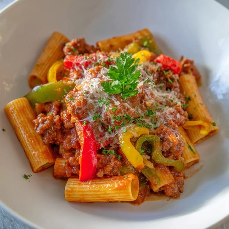 A close-up of cheesy Baked Rigatoni with Sausage & Peppers, steaming from the warm interior.