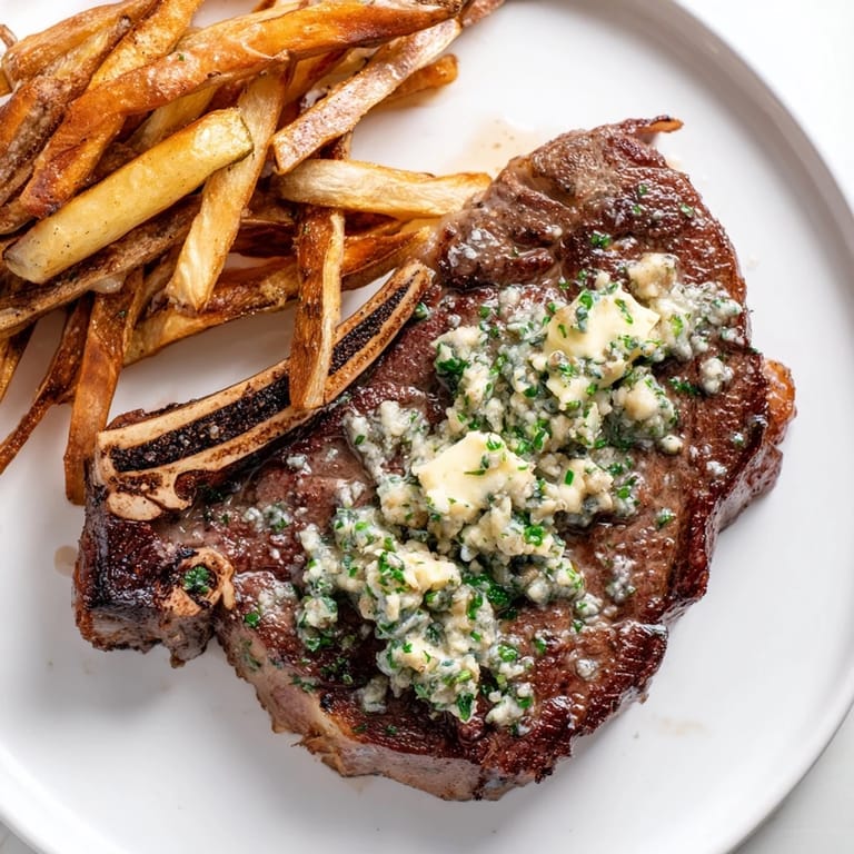 A close-up shot of juicy Steakhouse Garlic Butter Steak & Fries, showcasing tender steak drizzled with herb butter and fries.