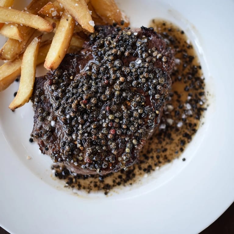 A close-up image showcases the rich peppercorn crust on the ribeye, served with delicious fries.