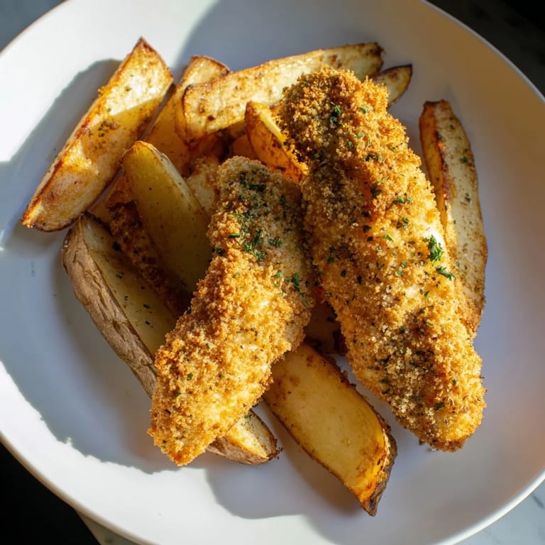 This image shows perfectly cooked herbed chicken tenders and flavorful potato wedges; a family favorite.