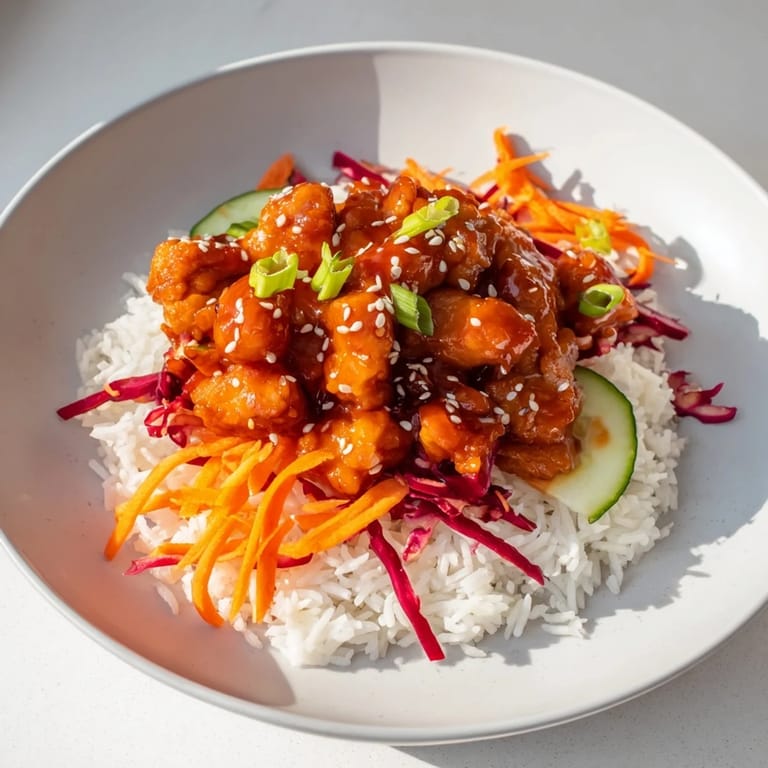This tempting Sriracha Honey Chicken Rice Bowl features a medley of fresh vegetables with perfectly cooked chicken.