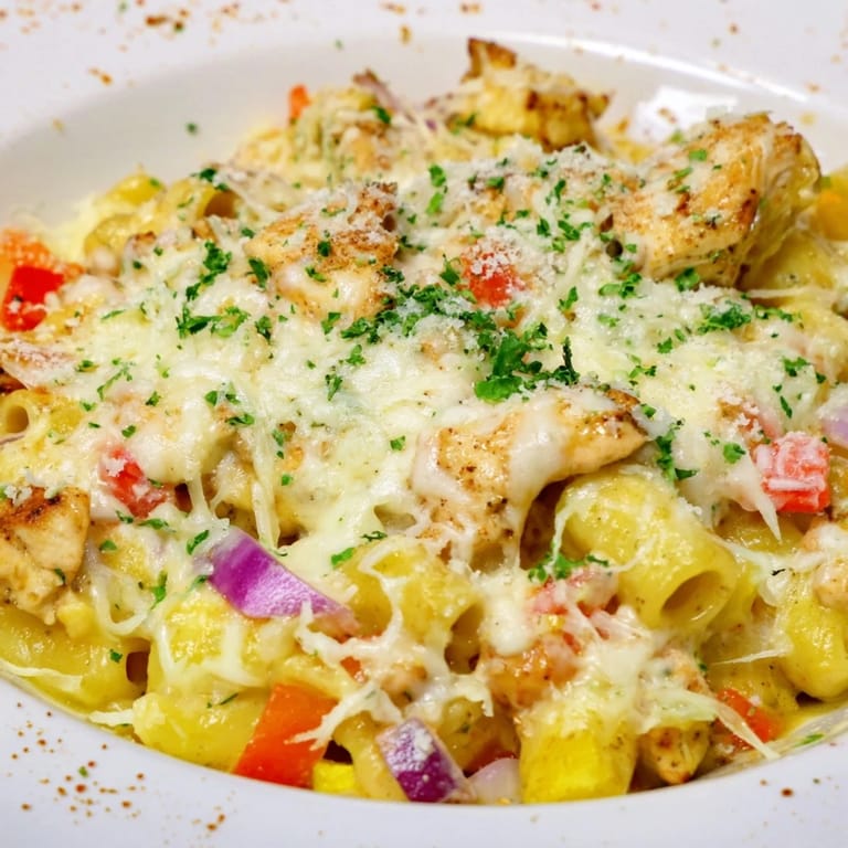 Close-up of hearty Cajun Chicken Pasta Bake, showcasing tender chicken and colorful vegetables.