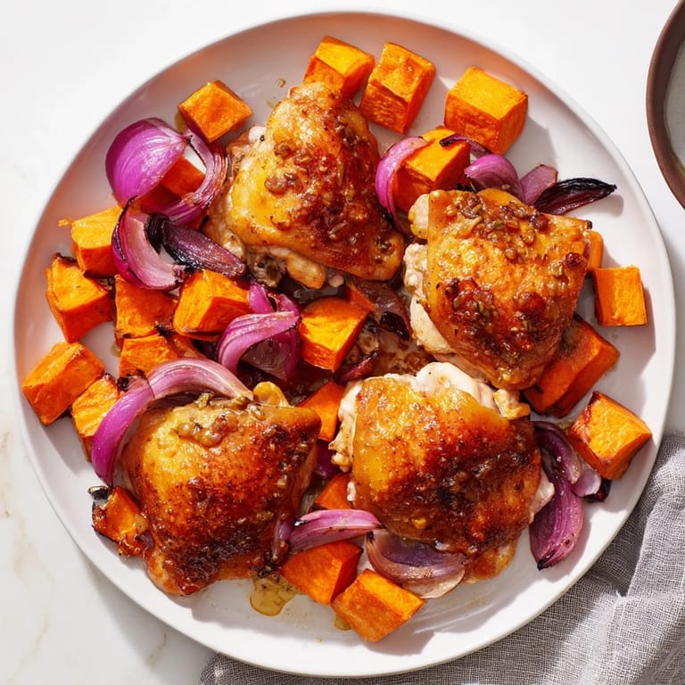 Warm, comforting image of Maple Glazed Chicken & Sweet Potato Bake, showing roasted chicken and sweet potatoes ready to savor.