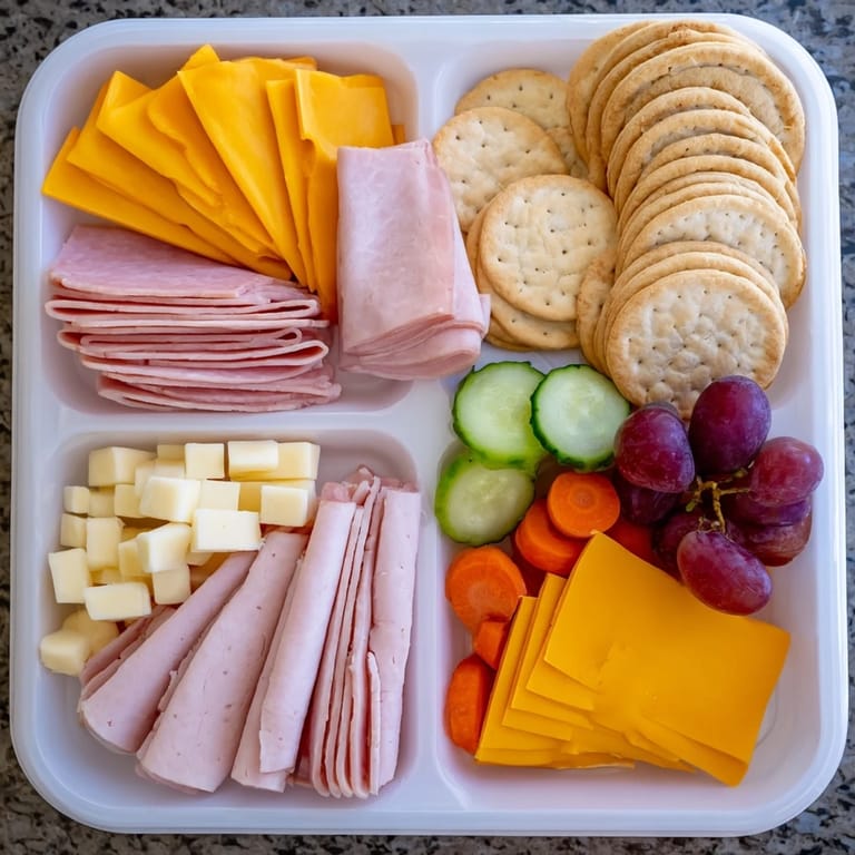 Homemade DIY Lunchables showcasing ham, cheddar, and grapes bursting with fresh, savory flavors ready to eat.