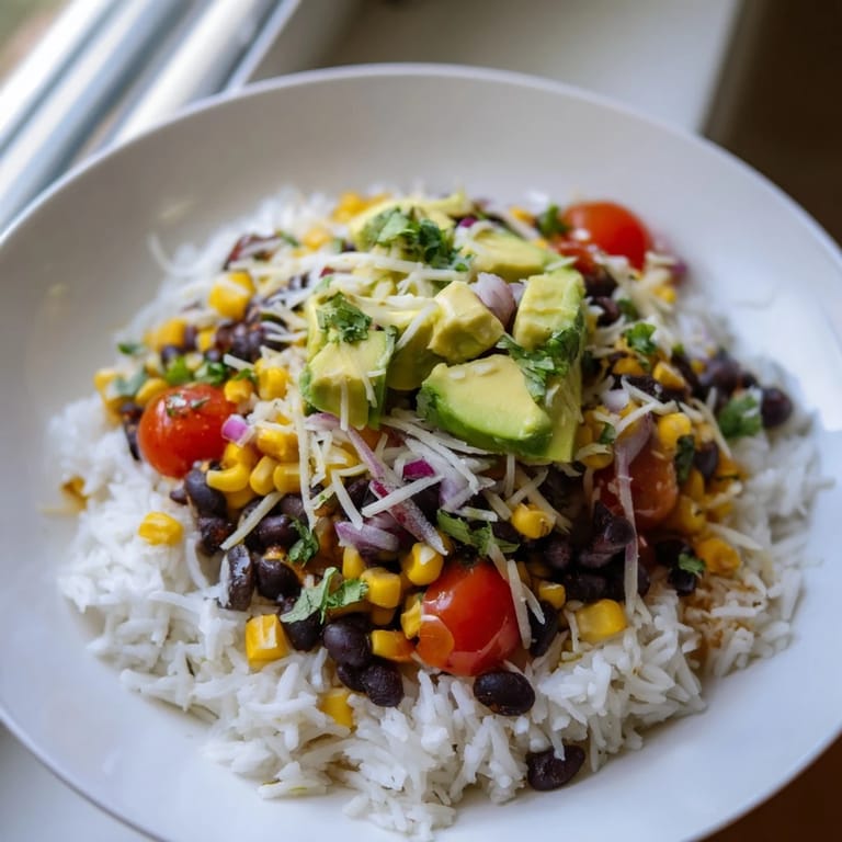 Enjoy a delicious bite of a colorful Rice, Bean, and Corn Burrito Bowl with fresh cilantro and lime!