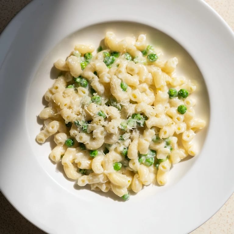A close-up of delicious Macaroni & Peas, perfectly cooked with vibrant green peas and parmesan.