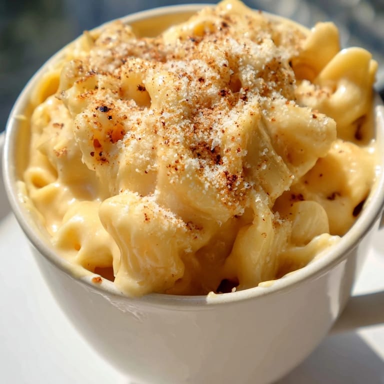 Close-up of bubbling mug mac & cheese, perfect for a fast, creamy vegetarian meal in minutes.