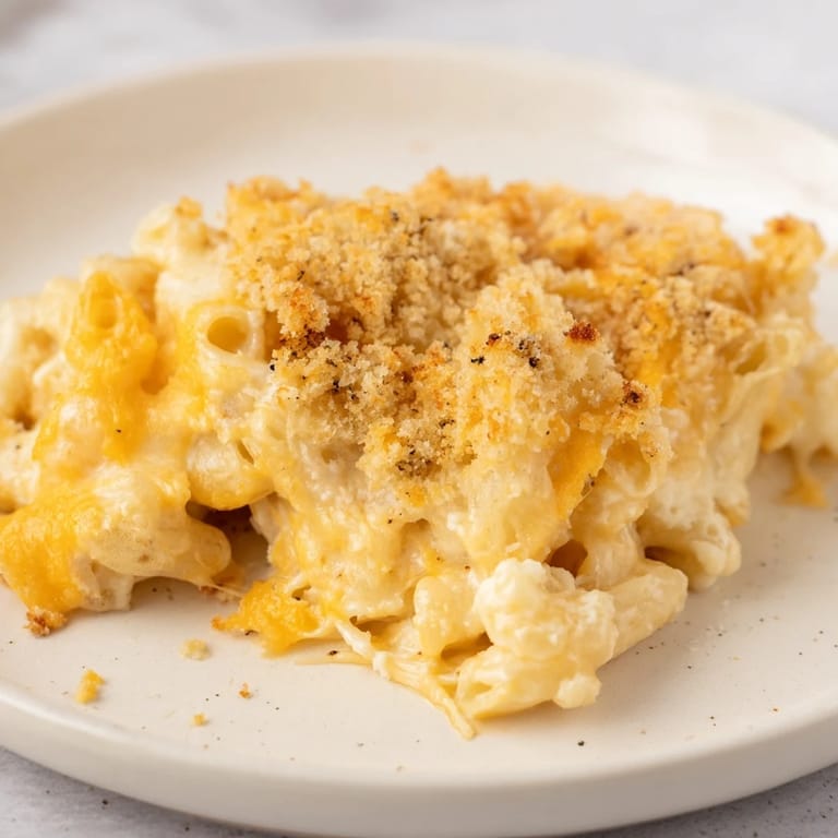 View of a casserole dish filled with hot, homemade Baked Macaroni and Cheese, perfect for a family meal.