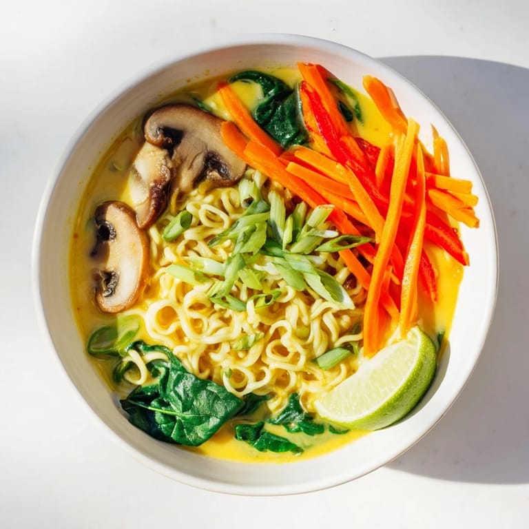 Homemade Vegetarian Curry Coconut Ramen, garnished with green onions, offers a rich, comforting broth.