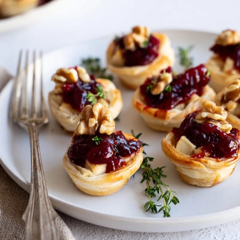 Warm Cranberry Brie Bites, showcasing flaky pastry and creamy Brie topped with fresh rosemary sprigs.
