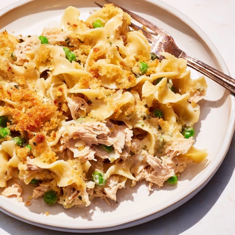 Warm, comforting Creamy Tuna Noodle Casserole, showcasing a classic American dish with creamy sauce and golden crust.