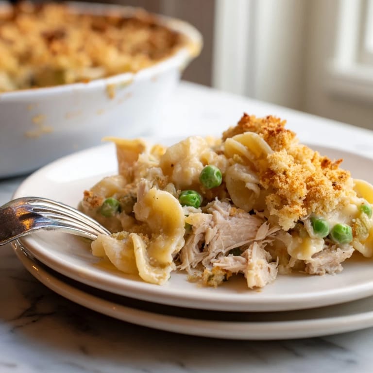 A close-up shot of a bubbling Creamy Tuna Noodle Casserole with a crispy Ritz cracker topping just out of the oven.