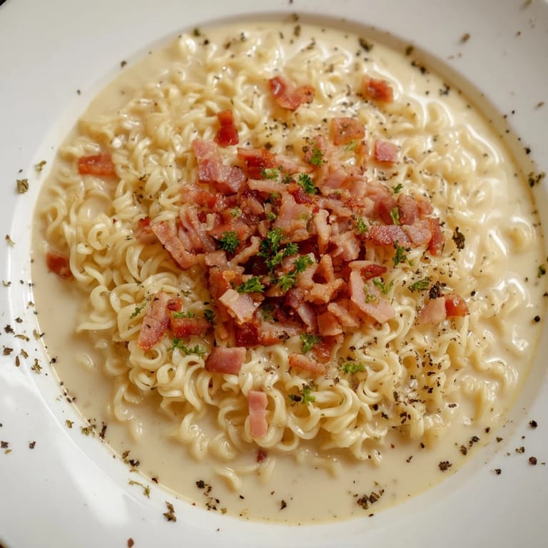 Golden browned bacon bits and melty cheese top this quickly-made Carbonara Ramen variation.