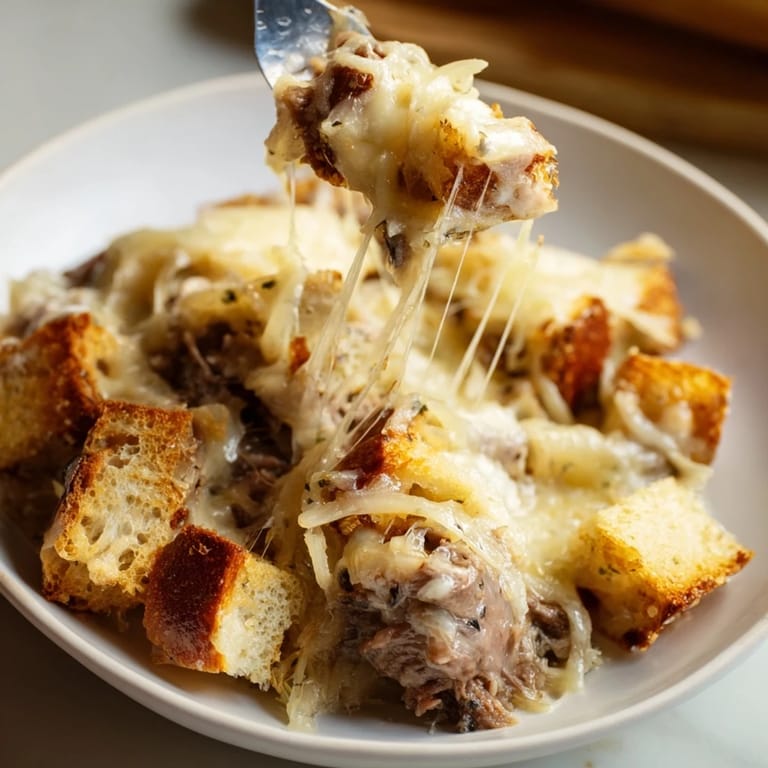 This French Onion Pot Roast Casserole shows tender beef and caramelized onions beneath a golden cheesy crust.