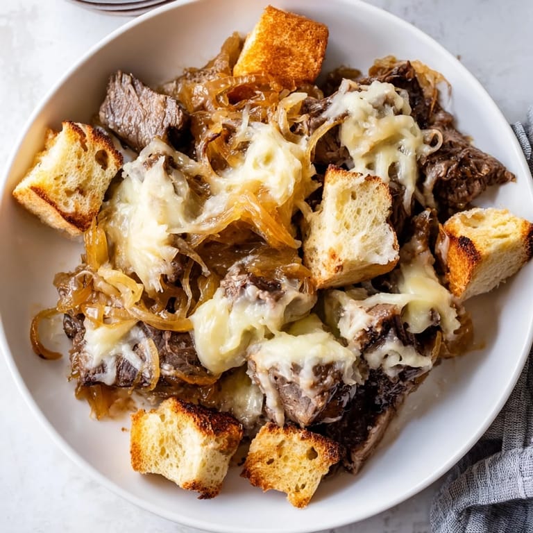 Enjoy the comforting flavors of French Onion Pot Roast Casserole, a cozy, bubbling casserole with toasty bread.