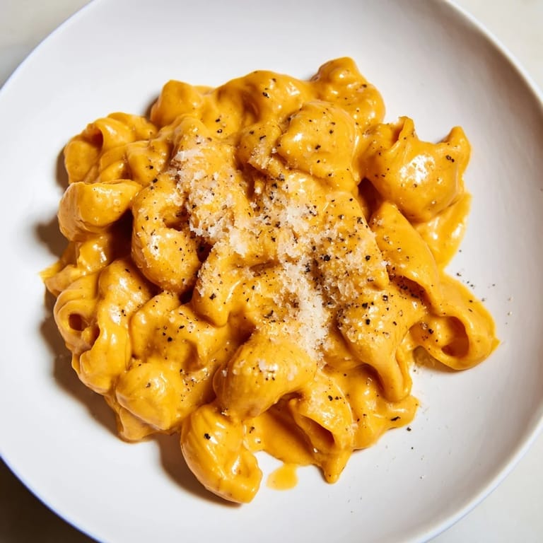 Golden, steaming One-Pot Butternut Squash Mac & Cheese, ready to serve with a sprinkle of Parmesan.