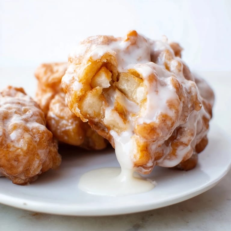 A warm serving of homemade apple fritters showcases tender apple pieces and a sugary glaze.