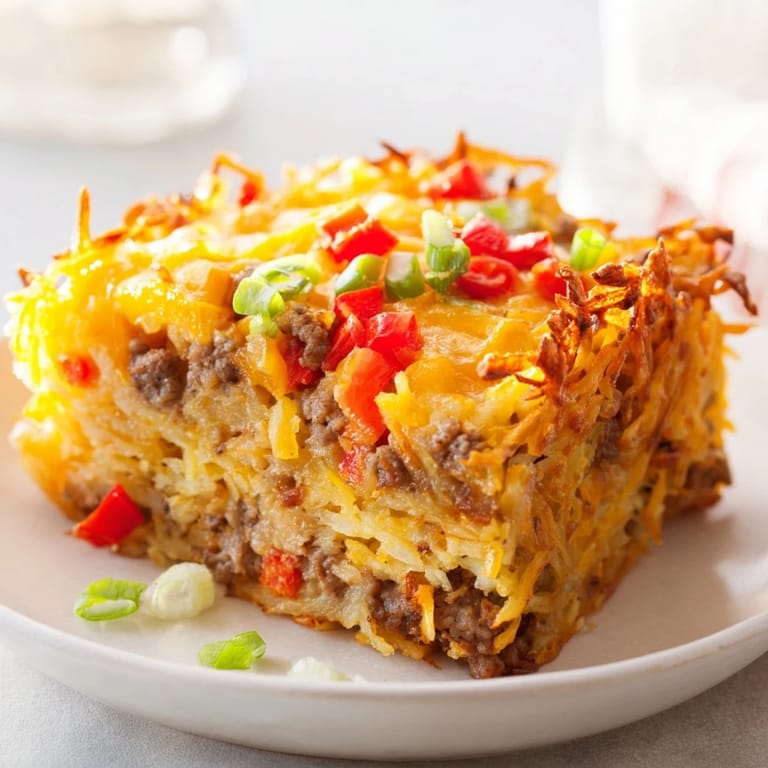 A close-up of a festive Quick Christmas Morning Hash Brown Bake, with crispy edges and creamy center.