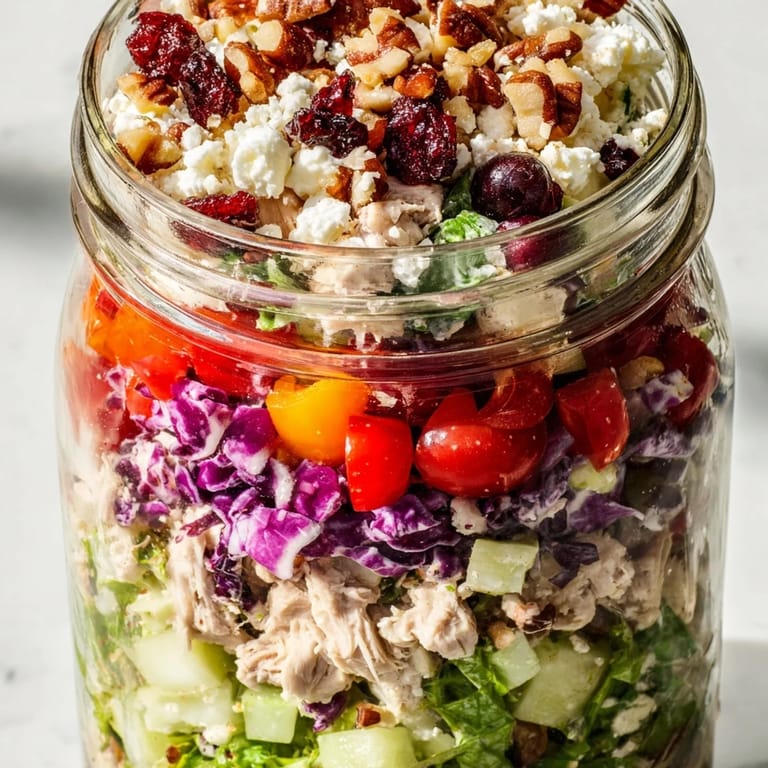 Vibrant Layered Holiday Chopped Chicken Salad Jar, featuring juicy chicken and a creamy, tangy dressing.