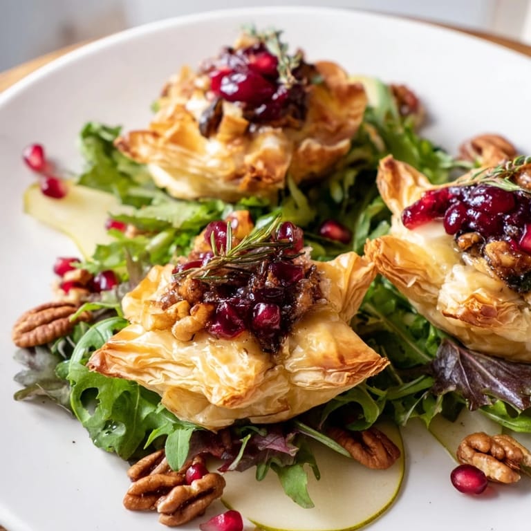 Close-up of baked Cranberry and Brie Flower Bites, with melted brie and tart cranberry filling, perfect appetizers.