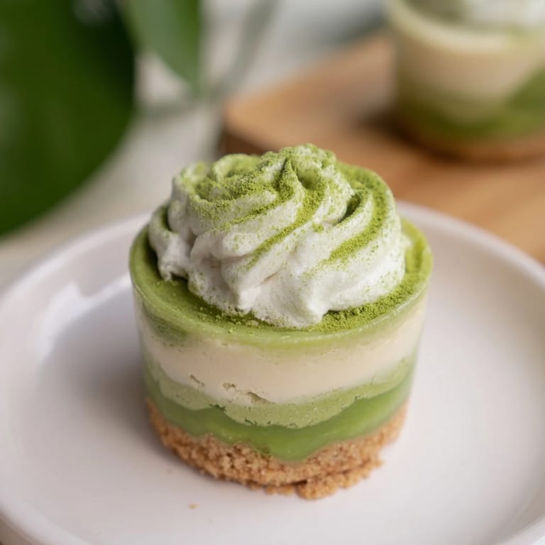 These elegant matcha swirl snowdrift cheesecake cups offer a beautiful presentation of creamy, layered goodness.