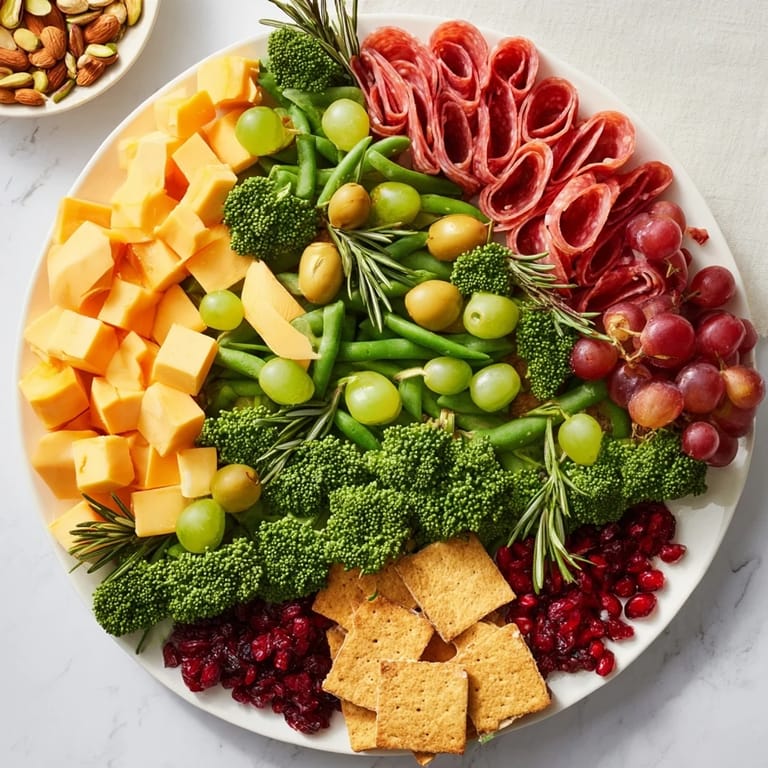 Detailed view of a beautiful Evergreen Tree Snack Board, perfect for holiday appetizers and parties.