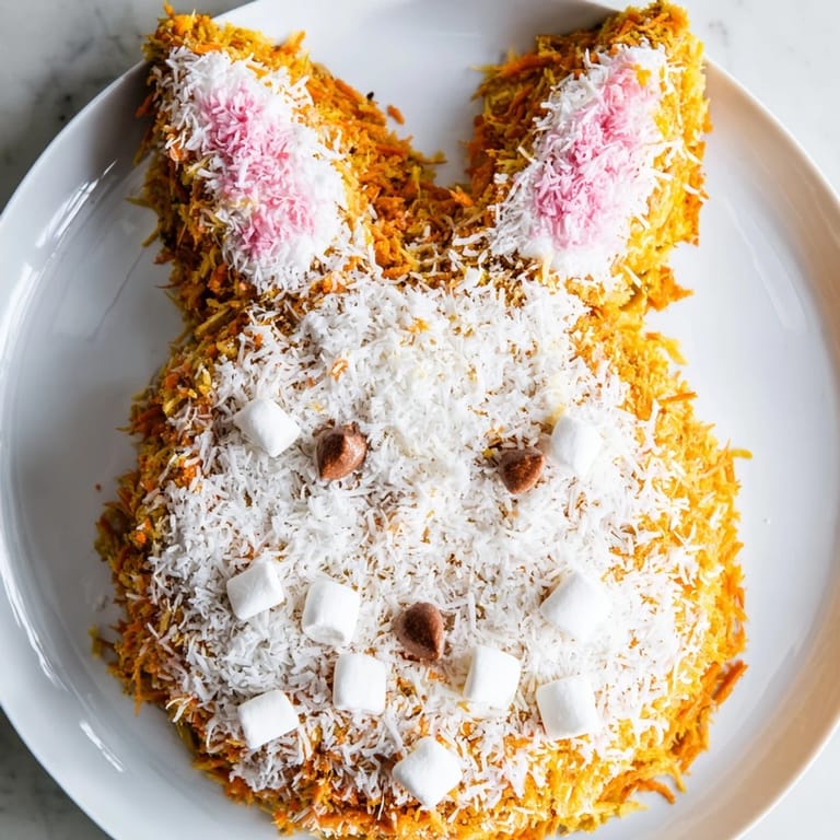 Delightful Spring Bunny Carrot Cake decorated with coconut fur and pastel candies awaits serving.