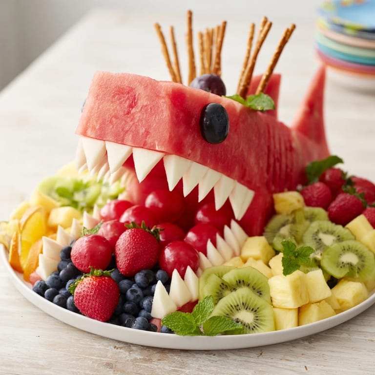 A festive Watermelon Wave Shark Snack Board ready to serve with refreshing watermelon flesh and snacks.