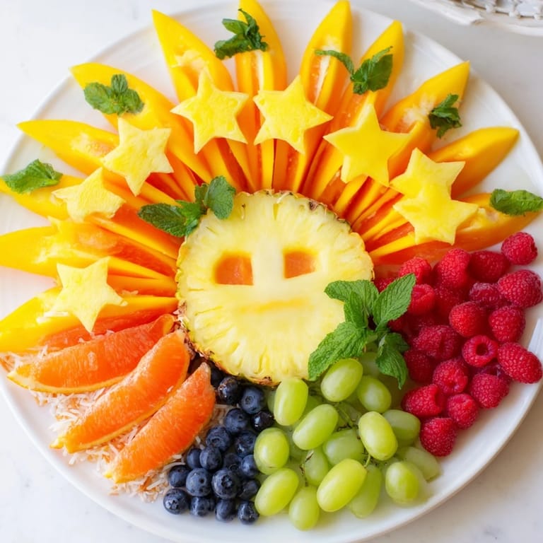 This stunning Summer Rays Sun-Shaped Fruit Tray presents a beautiful arrangement with various juicy slices.