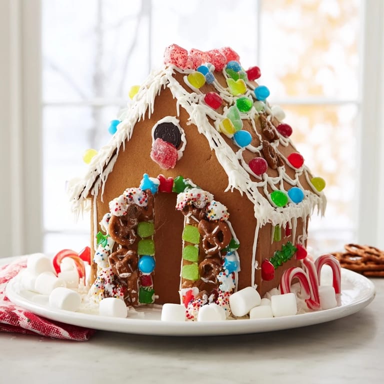 The delicious gingerbread house decoration kit showing gingerbread panels, candies, and freshly made royal icing.