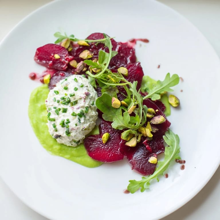 A beautifully plated image of Lucky Clover Seasonal Starters, showcasing vibrant beet carpaccio and pistachio mousse.