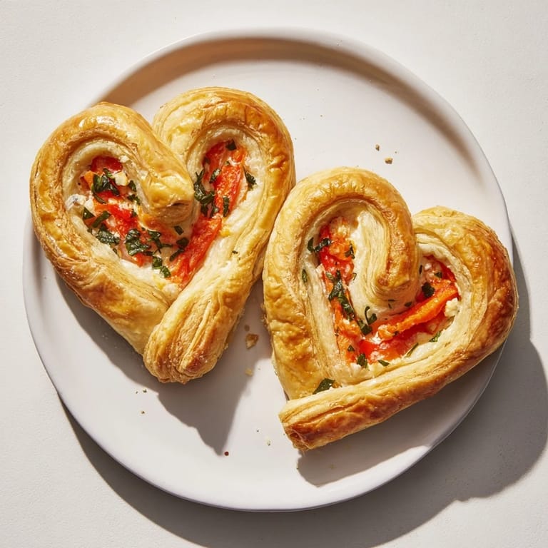 Up-close image of flaky, baked Cœurs Entrelacés; a delightful French appetizer, perfect for any occasion.