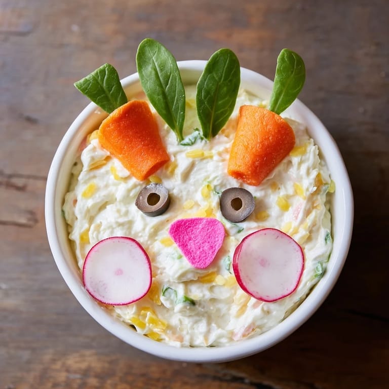 Creamy Piggy Face Dip bowl features a pink snout and olive eyes, served with crunchy dippers for kids.