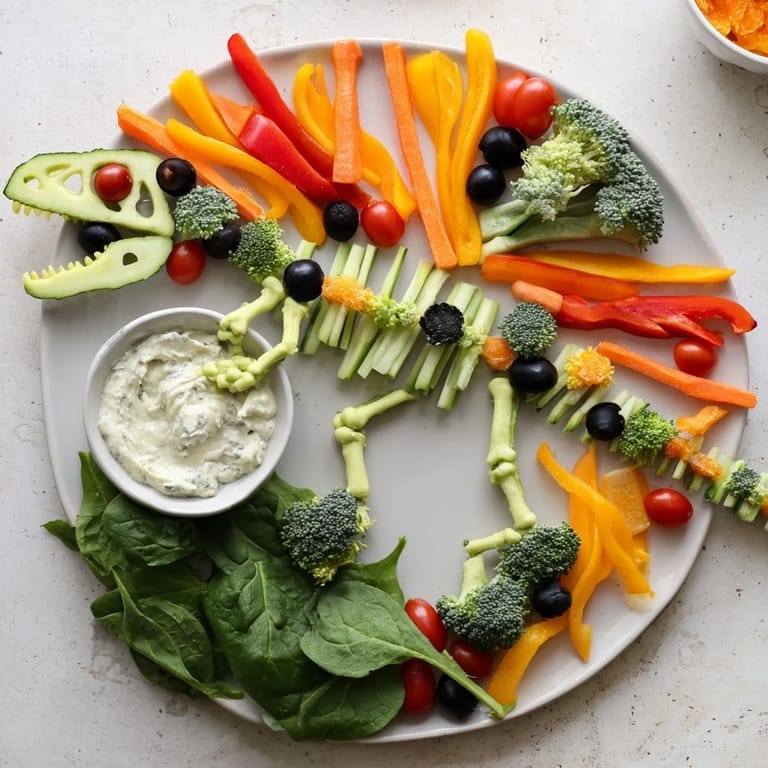 Imagine the fun: A healthy and exciting T-Rex Fossil Crudités vegetable appetizer with olives as eyes and claws.