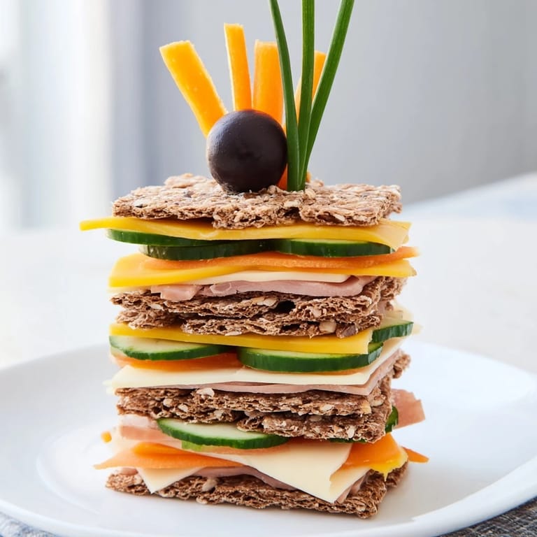 A kid-friendly visual of Giraffe Tall Cracker Stacks, cheese and veggie towers ready to eat.