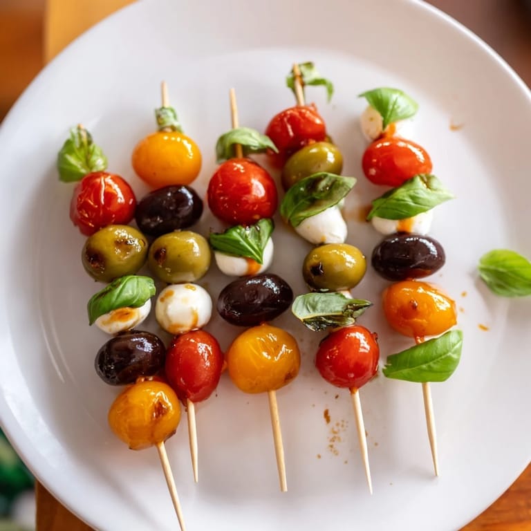 Festive Christmas Lights Olive and Tomato Skewers: a close-up of colorful and delicious appetizer skewers.