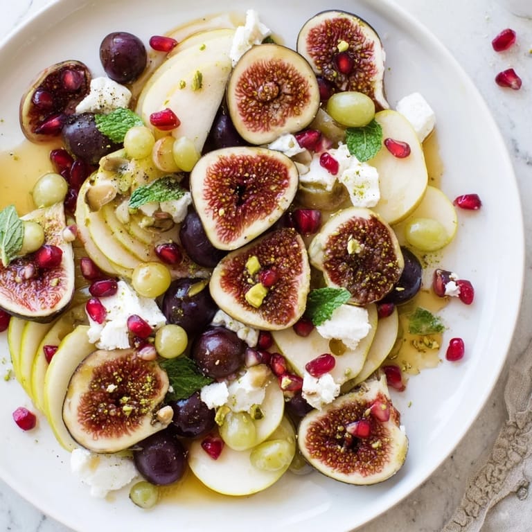 A beautifully arranged Winter Fruit: Fig and Date Snowdrift Platter, drizzled with honey, ready to serve.