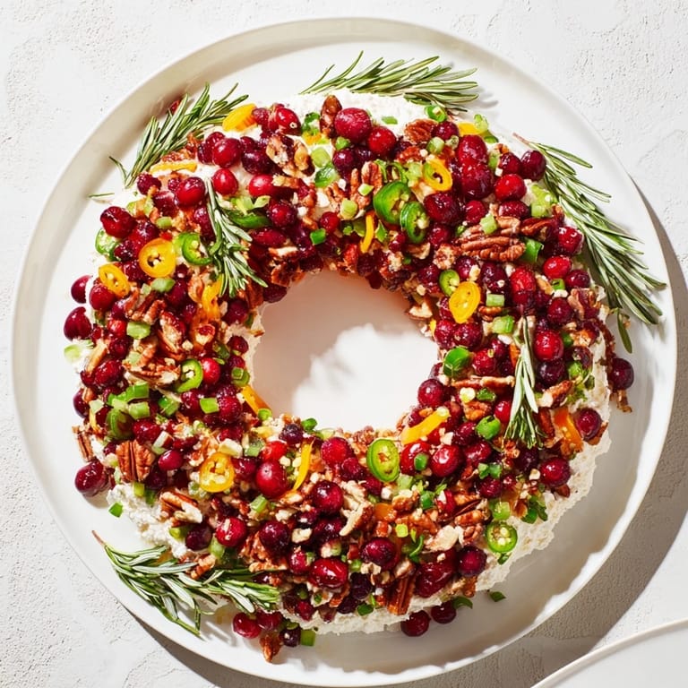 Tangy cranberry feta dip wreath topped with pecans, ready to be scooped with crackers.