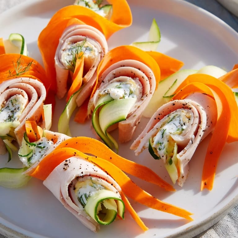 Delicate The Ribbon Dancer rolls, ready to serve: turkey wrapped with colorful veggie ribbons.