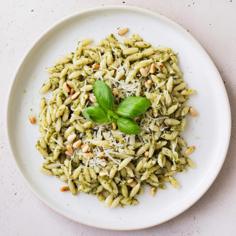 A close-up of the flavorful 15-Minute Creamy Pesto Risoni, creamy, and ready to enjoy now!