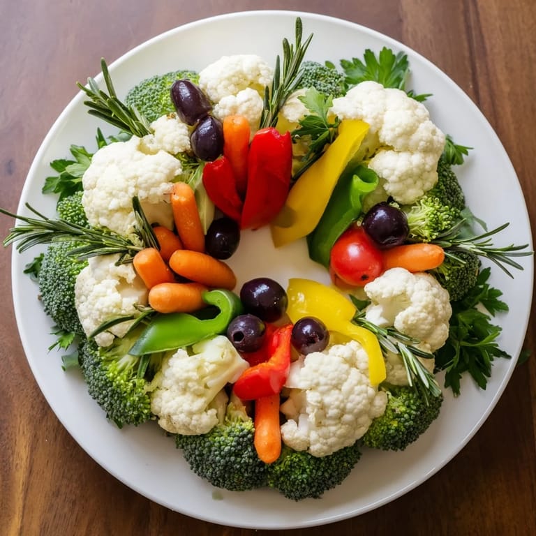 A healthy and festive Garland Veggie Wreath, featuring broccoli and cauliflower surrounding a flavorful dip.