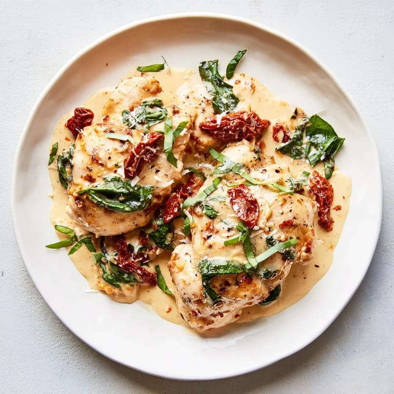A close-up of the Creamy Sun-Dried Tomato Chicken Skillet, a cozy meal with fresh basil garnish.