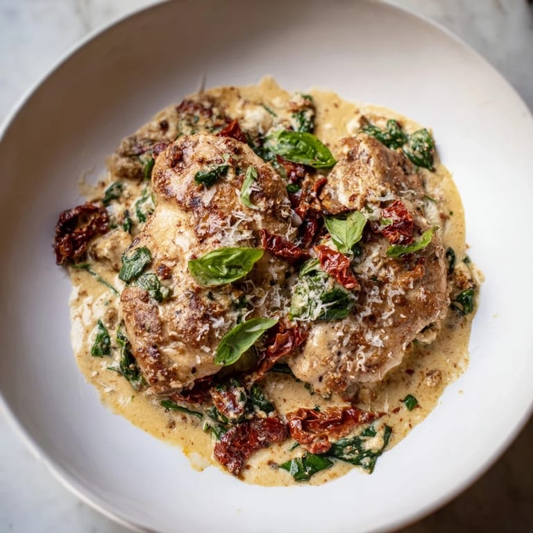 Enjoy a forkful of the delicious Creamy Sun-Dried Tomato Chicken Skillet with its bright flavors.