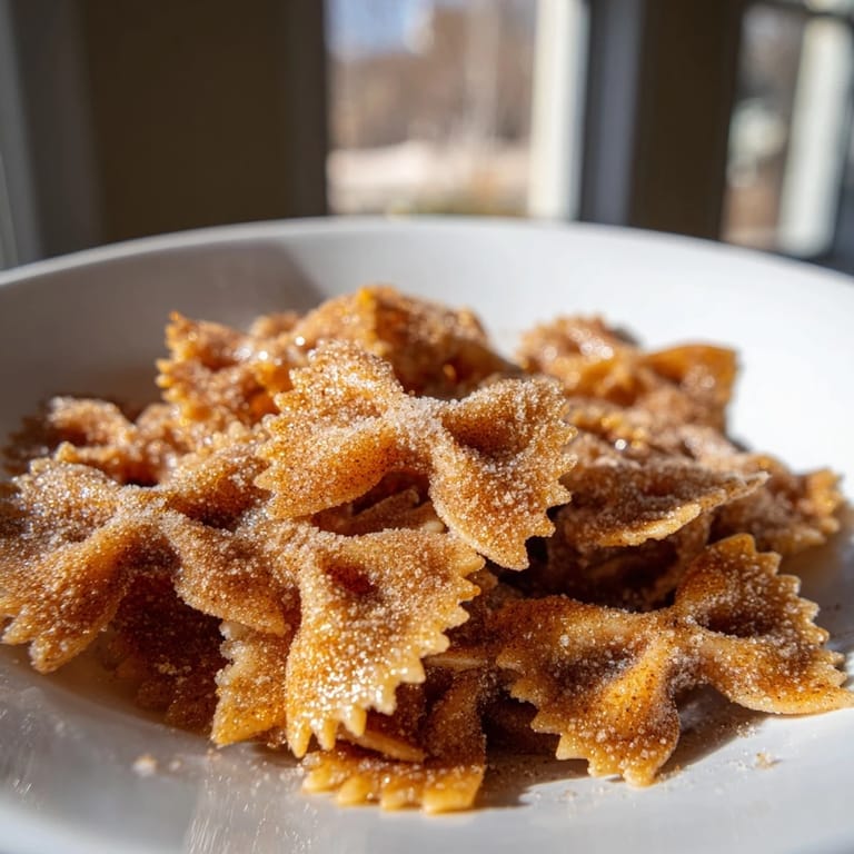 Close-up of crispy Air Fryer Pasta Christmas Crack: a delicious snack with cinnamon sugar.