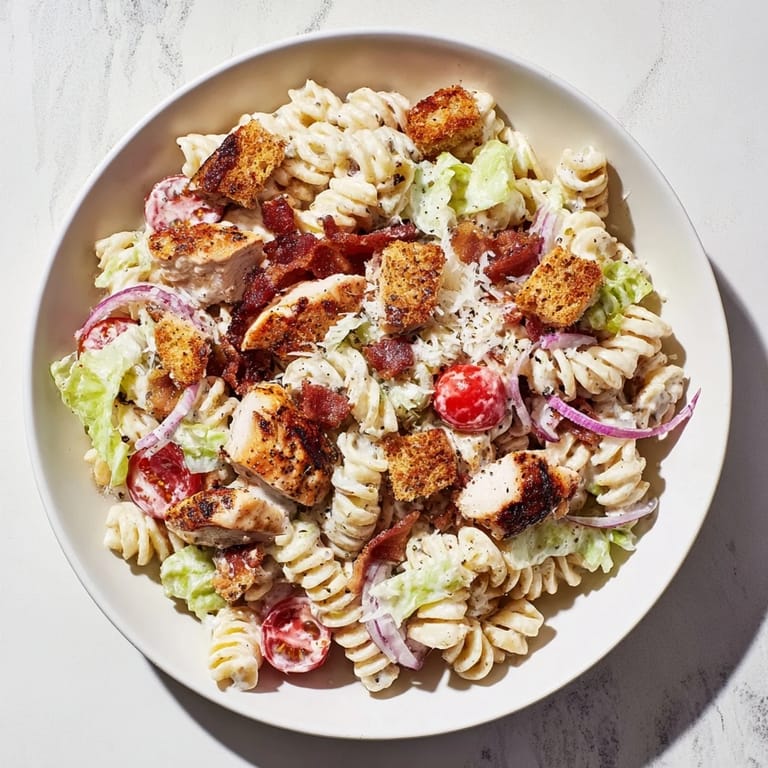 Imagine the texture of this Chicken Caesar Pasta Salad, with crispy croutons and savory, grilled chicken pieces.