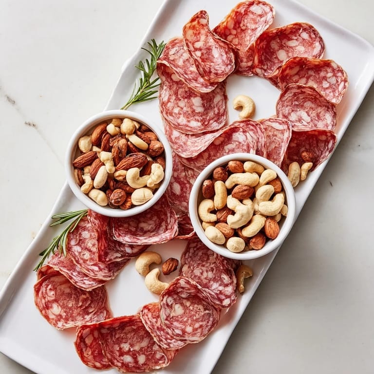 This The Infinity Loop displays artful salami and nuts, a delightful appetizer presentation for guests.