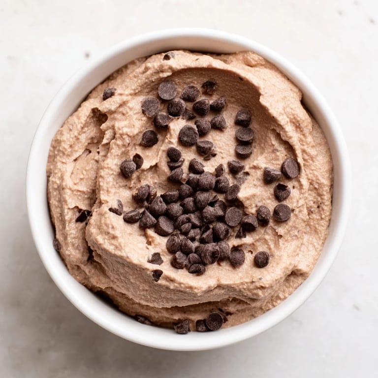 A close-up of a bowl filled with brownie batter dip, perfect with fresh fruit for dipping.