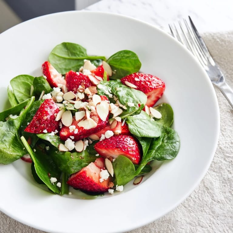 Vibrant Strawberry Spinach Salad, a vegetarian delight combining sweet fruit and crunchy nuts.