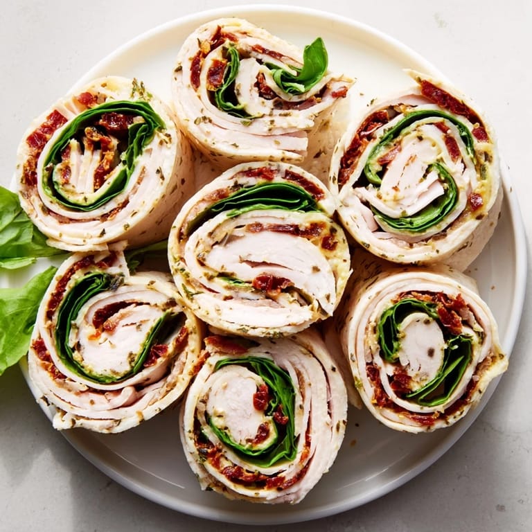 Delicious Italian-American sun-dried tomato turkey roll-ups, a quick and easy gluten-free snack.